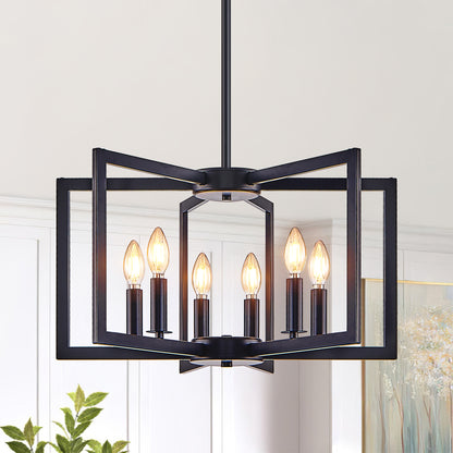 22" Modern Black Geometric 6-Light Chandelier, Industrial Metal Pendant Light Fixture for Dining Room