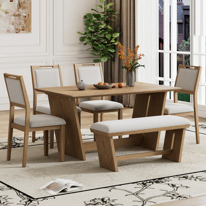 Vivian Natural Wood Wash 6-Piece Dining Set – 60" Trestle Table, 4 Upholstered Chairs & Bench