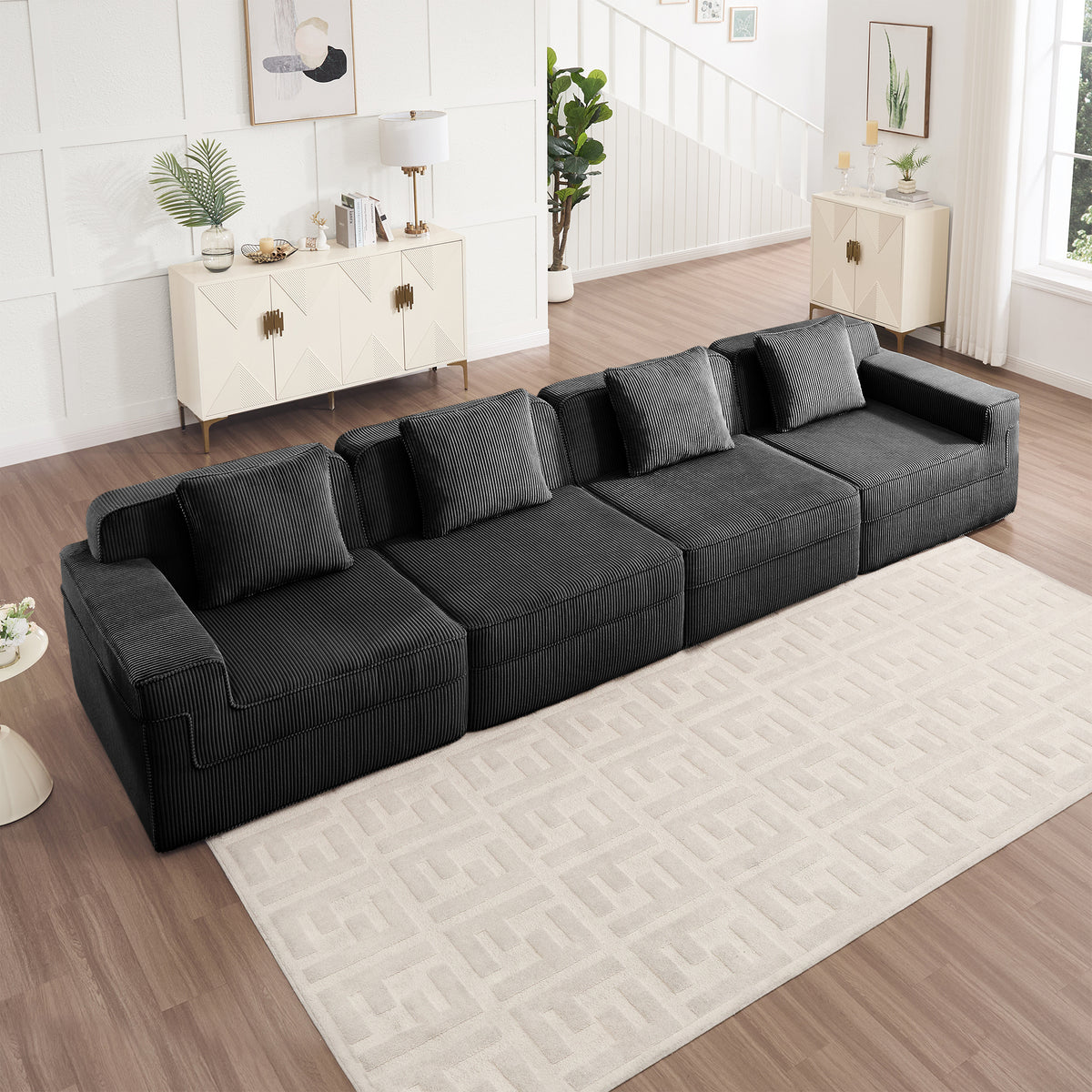 Modular 4 Seat Boneless Sofa, Corduroy Fabric Black
