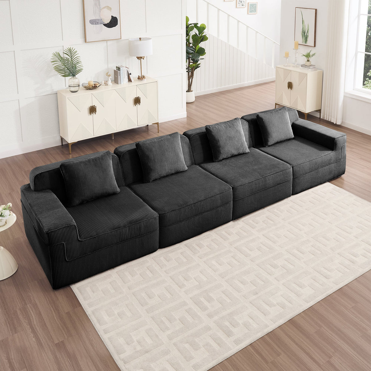 Elsin Corduroy Modular Sofa in Black, 4-Seat Sofa
