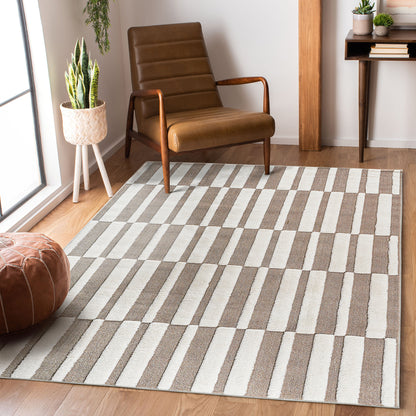 Step Collection High-Low Striped Beige/Cream Indoor Area Rug, 6'7''x9", Modern, Contemporary, Geometric, Bohemian