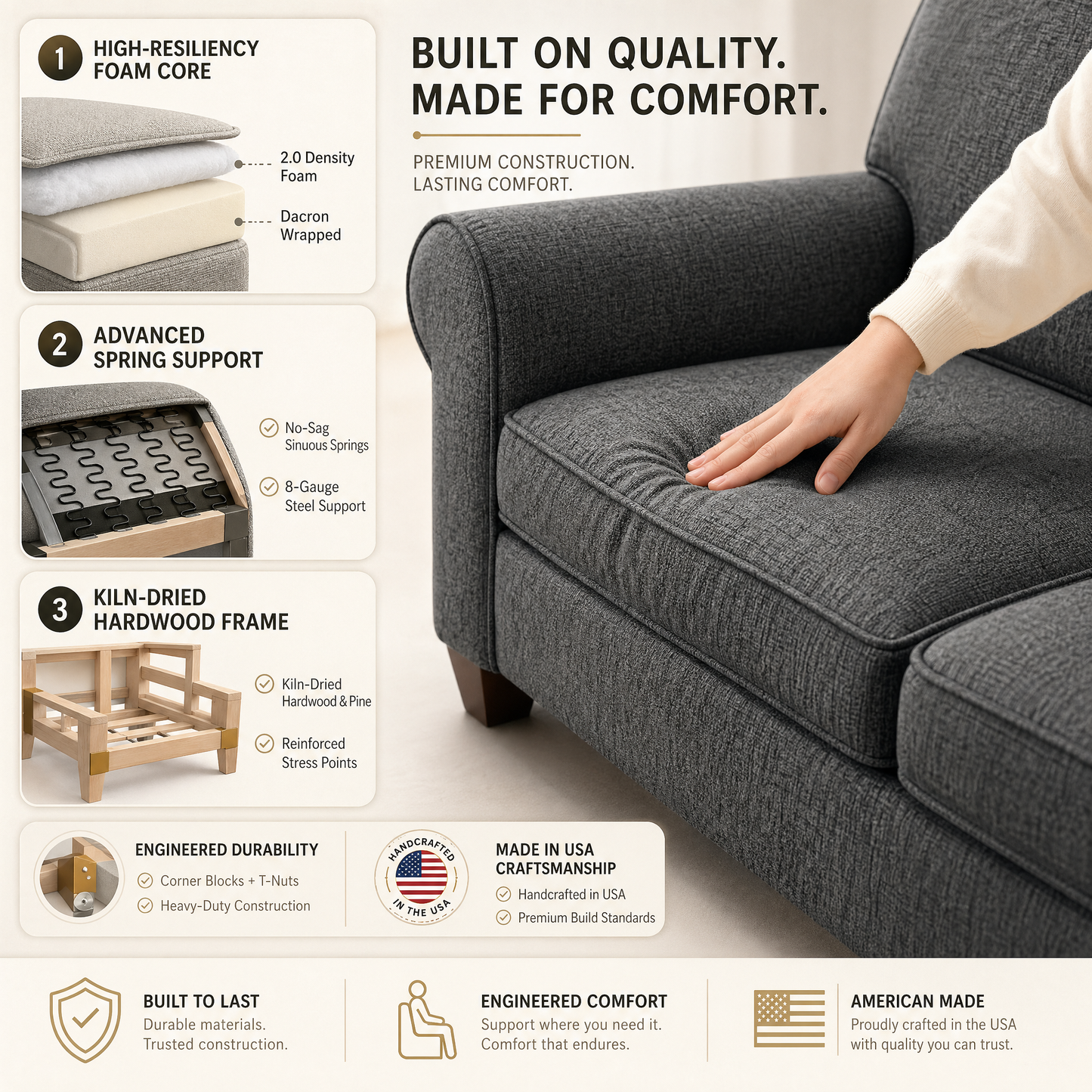 Augusta Sofa – Made in USA, Custom Fabric Options, 83" Classic Design - Catalina Steel - Fabric (12)