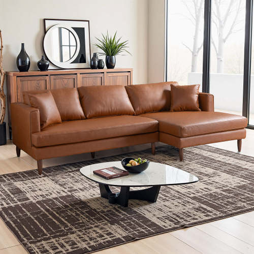 Cognac Leather Sectional Sofa Right-Facing Chaise 107” – Blake Modern Vegan Leather L-Shape Couch in a stylish living room.