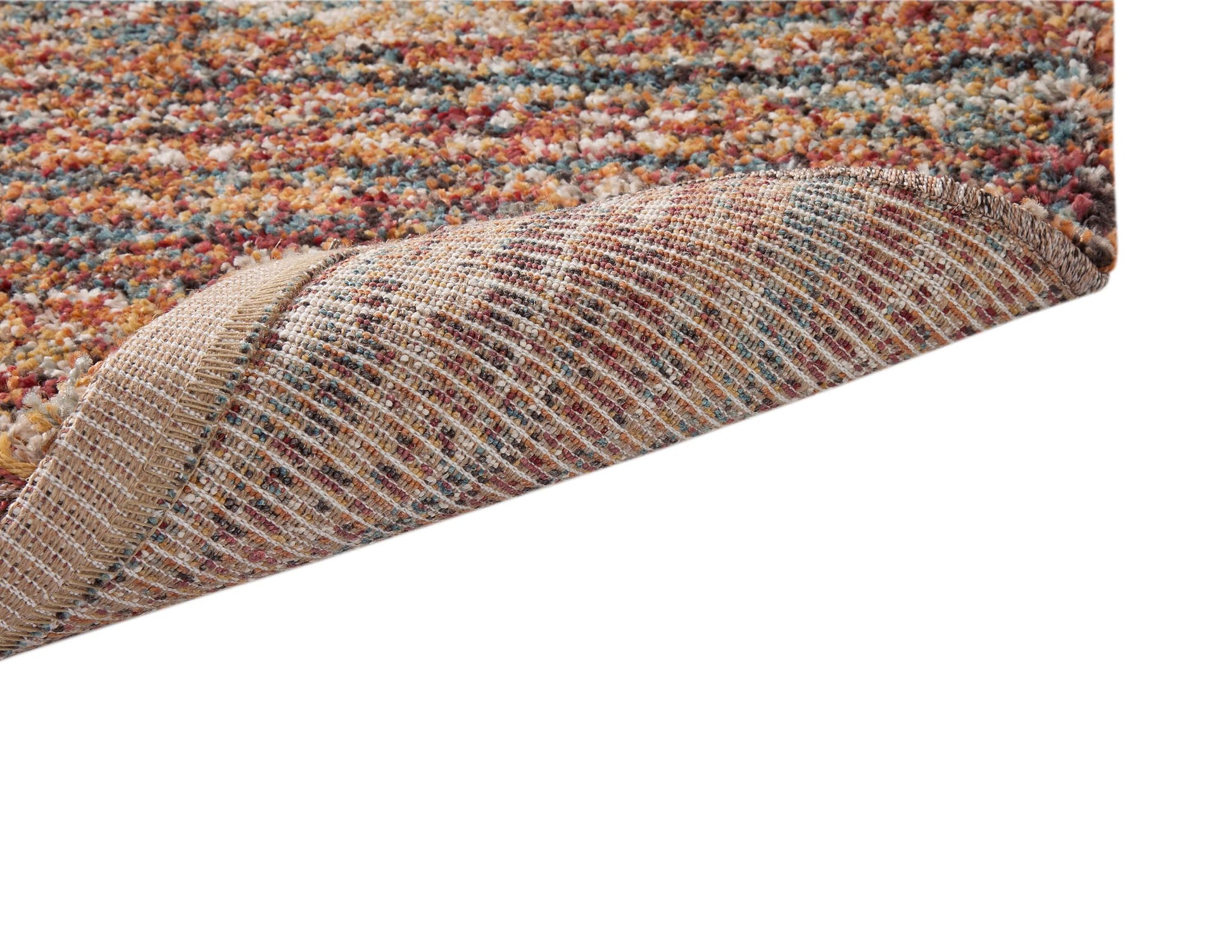 Zira multicolor rectangular area rug corner detail showcasing vibrant patterns and durable construction.
