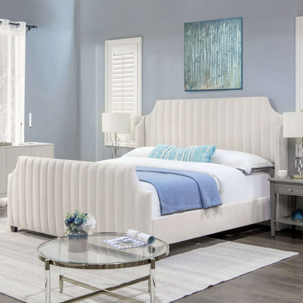 Addison Cloud White Velvet Channel Tufted King Bed Frame with winged headboard and soft finish for modern luxury.