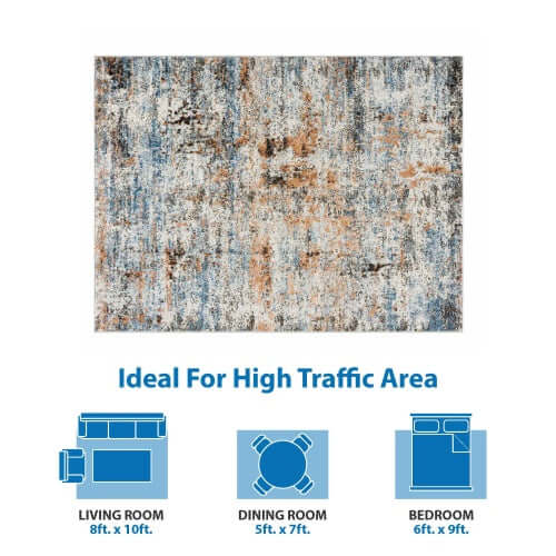 Abstract multi-color area rug ideal for high-traffic areas, suitable for living and dining rooms, available in two sizes.
