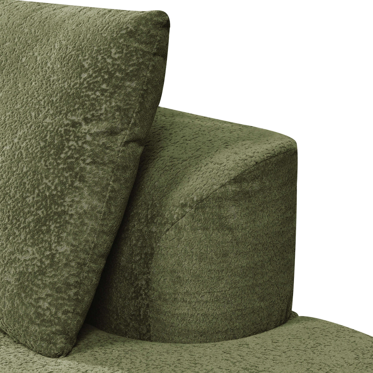 Modern Low Profile Modular Curved Foam Sofa 116' (4 Colors) close-up of soft green upholstery and curved pillow.