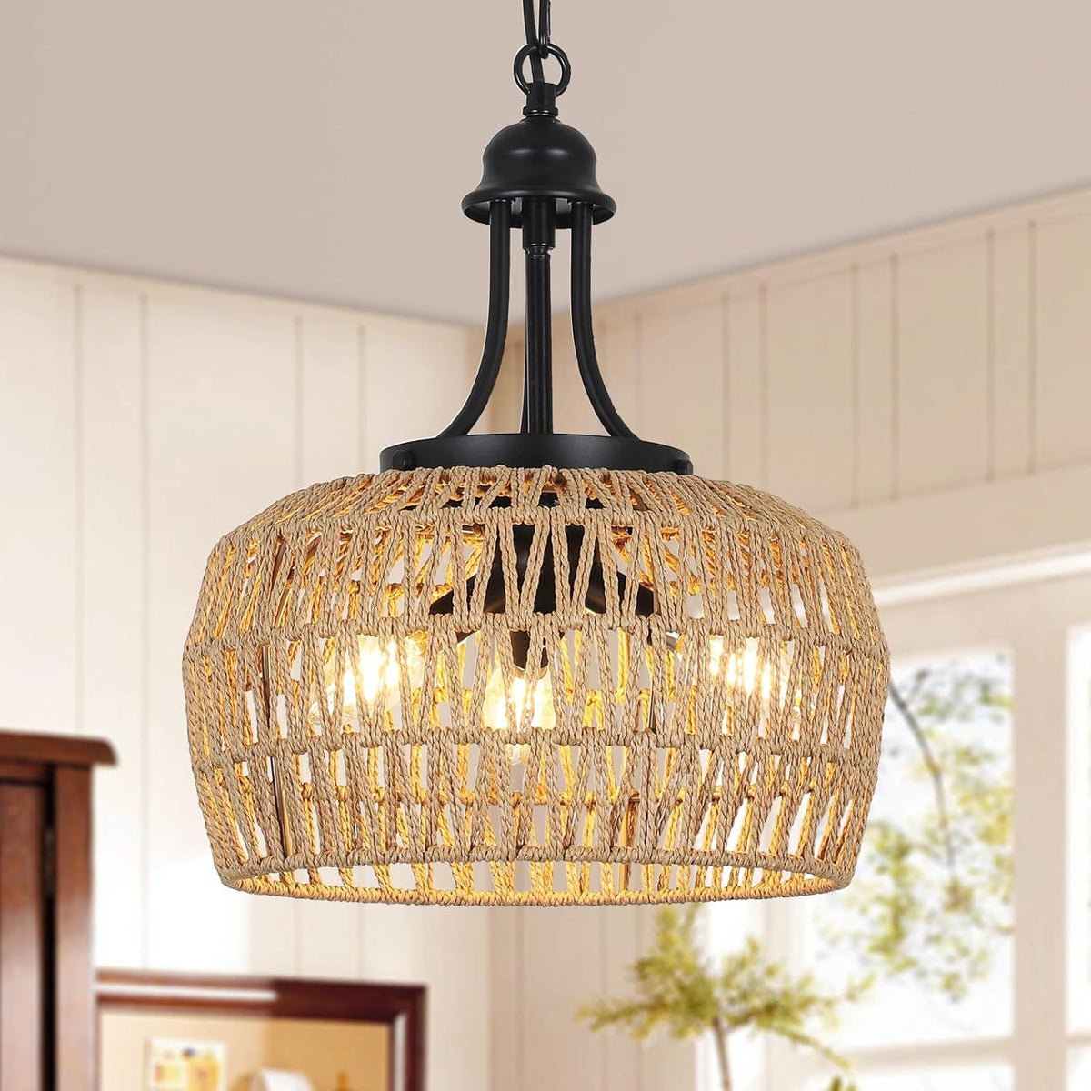 Farmhouse Chandelier 3-Light Boho Rattan Chandelier Light Fixture Ceiling Hanging with Woven Lampshade