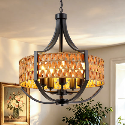 19.7" Rattan Chandelier, 5-Light Boho Chandelier with Natural Woven Reed Shade