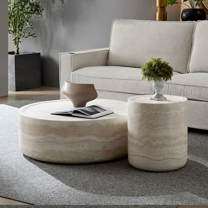 Torvald Faux Travertine Round Coffee & Side Table – Set of 2 Fiberglass Tables
