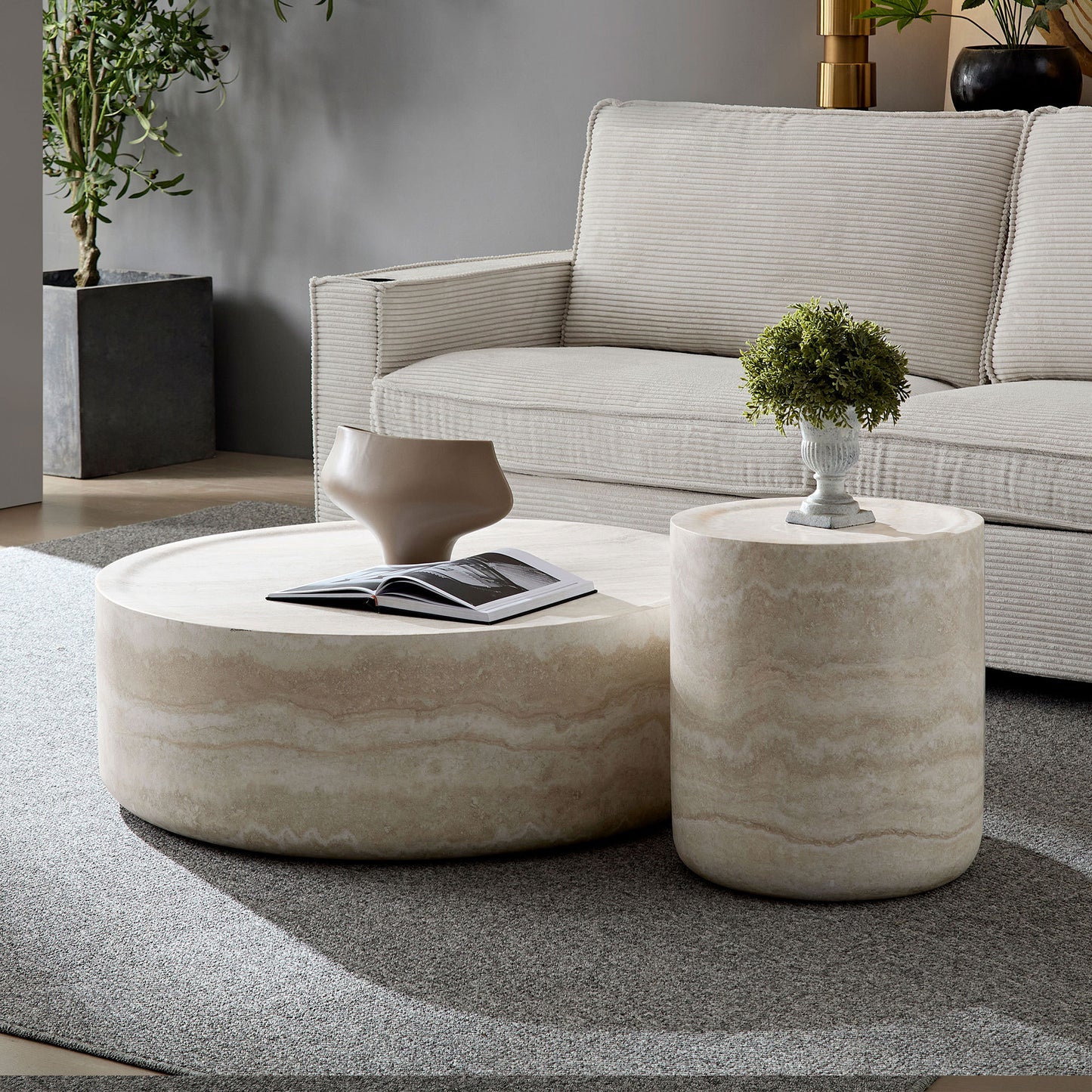 Torvald Faux Travertine Round Coffee & Side Table – Set of 2 Fiberglass Tables