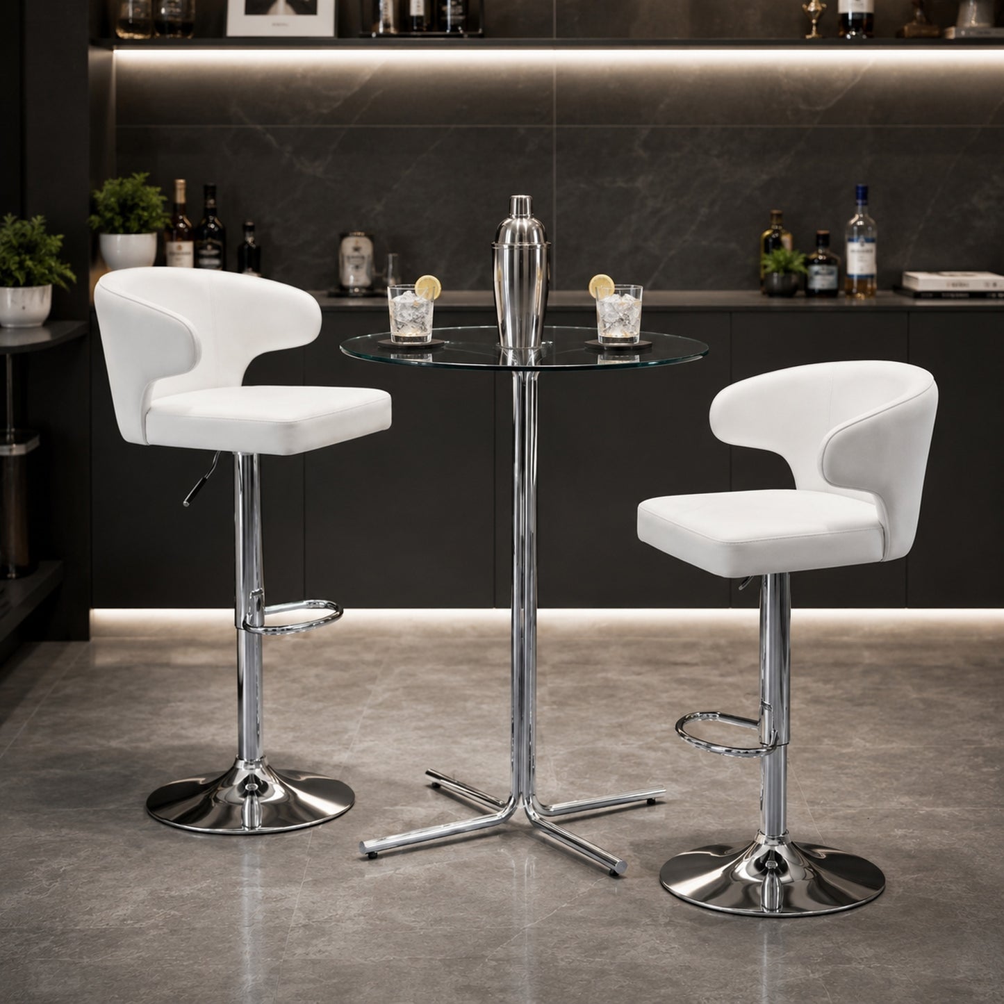 Gatsby Glass Pub Table Set – 36" Chrome 3-Piece Bar Set with 2 White Swivel Stools