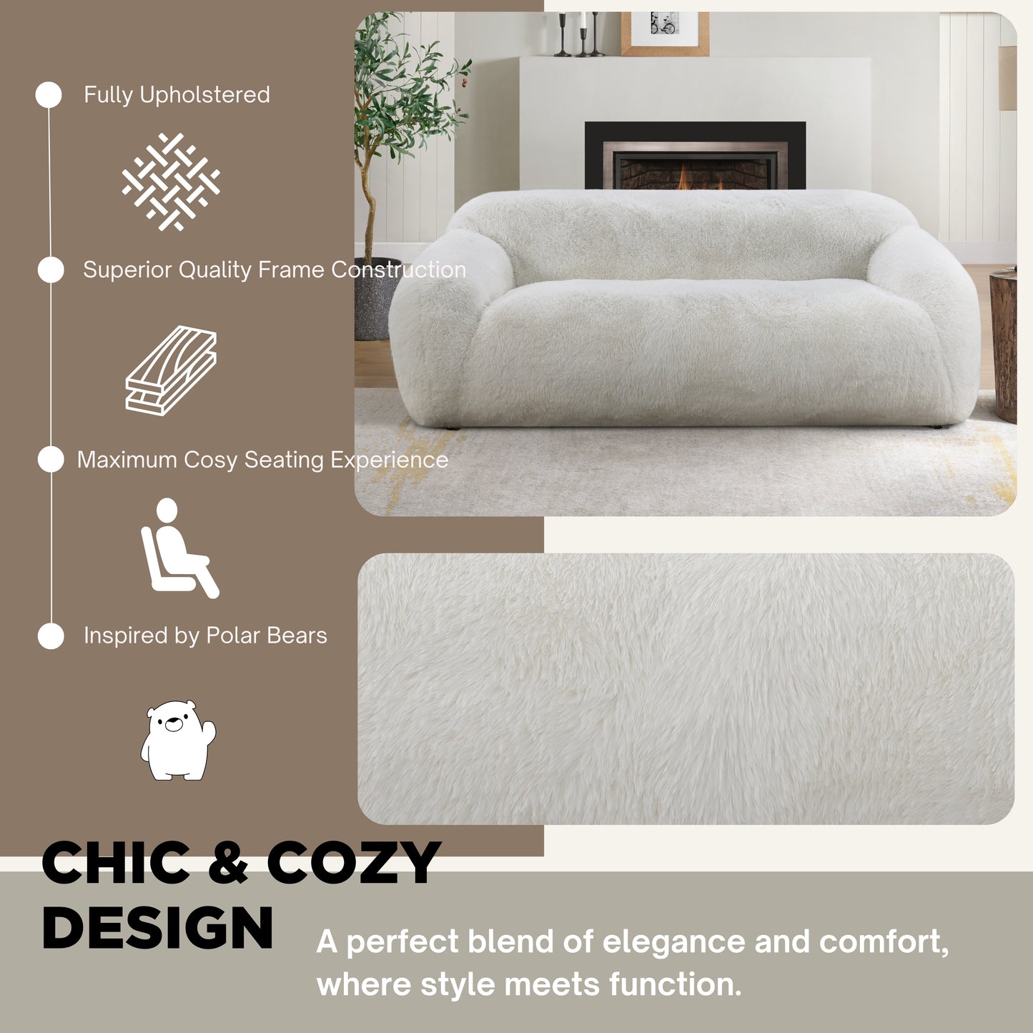Adell Faux Fur 2-Piece Living Room Set – 84" Sofa & Swivel Chair Set – view 16