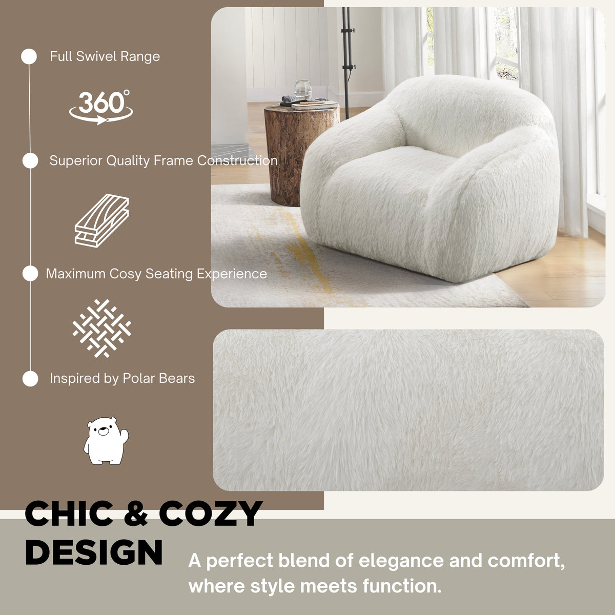 Adell Faux Fur 2-Piece Living Room Set – 84" Sofa & Swivel Chair Set – view 17