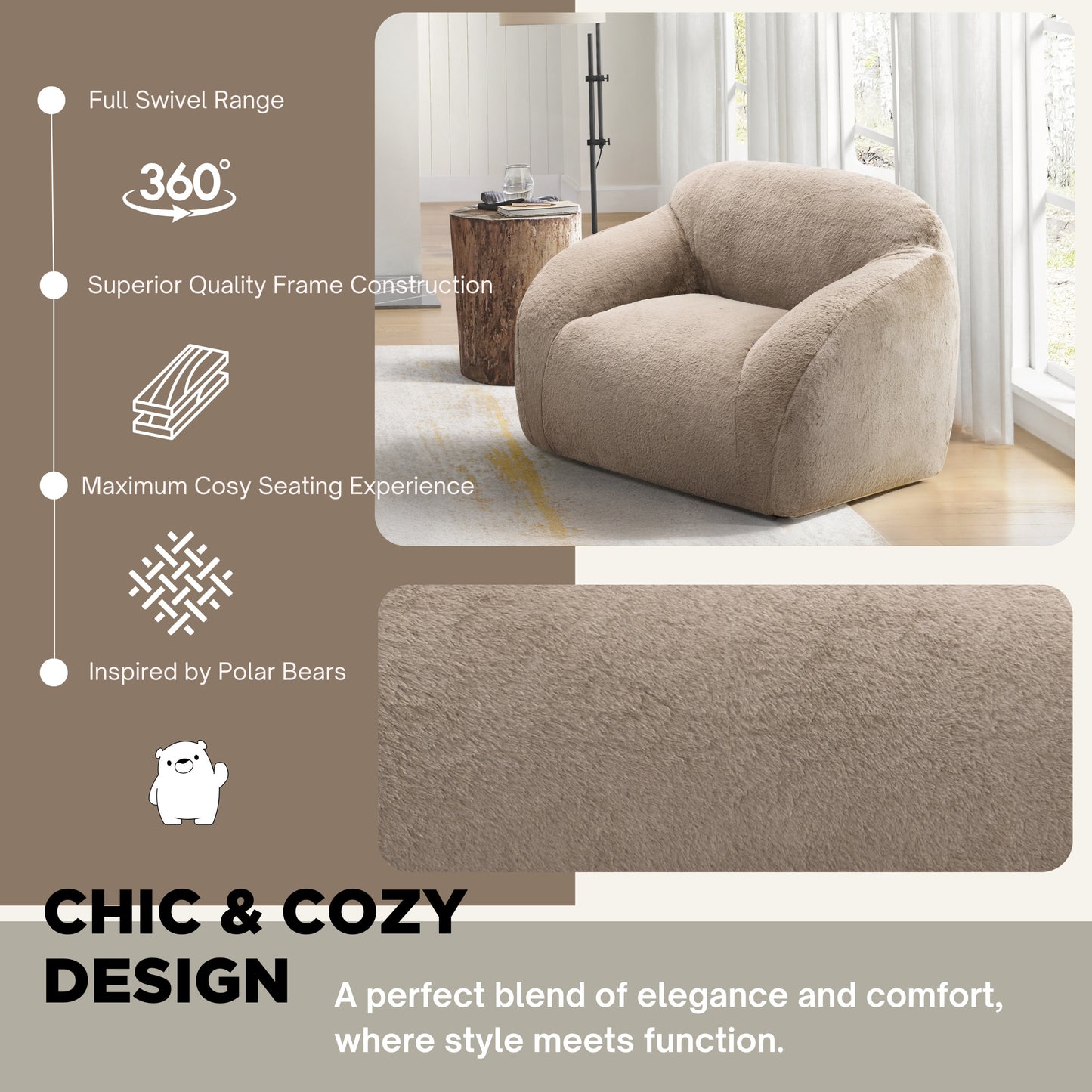 Adell Faux Fur 2-Piece Living Room Set – 84" Sofa & Swivel Chair Set – view 7