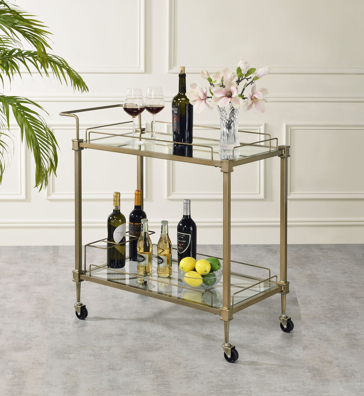 Aditya Mirrored & Antique Brass Finish Serving Cart – 33" 2-Tier Serving Cart – view 2