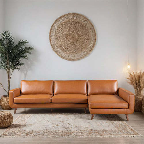 Cognac Leather Sectional Sofa Right-Facing Chaise 107” – in room setting