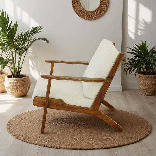 Connor Solid Wood Linen Armchair – Mid-Century Modern Lounge Chair (4 Colors) in a bright room with plants