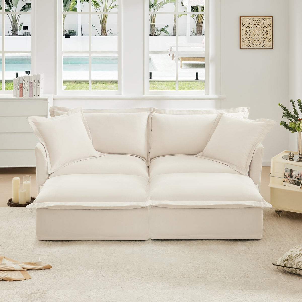 Slipcovered Sofa 2 Seater Sofa With 2 Ottomans, 2 Seater Sleeper Sofa Bed Sofa Chenille, Cream