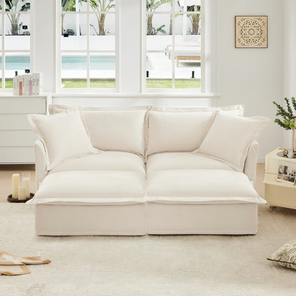 Slipcovered Sofa 2 Seater Sofa With 2 Ottomans, 2 Seater Sleeper Sofa Bed Sofa Chenille, Cream