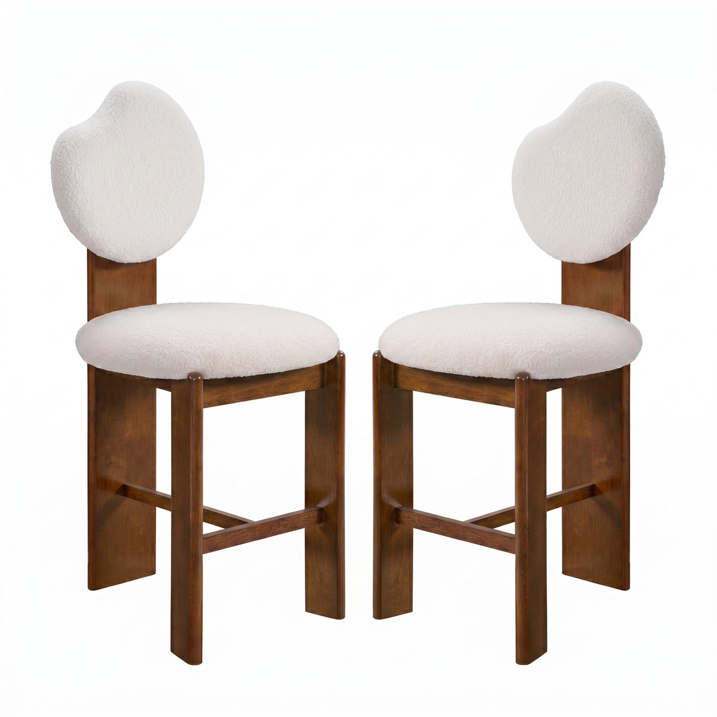Kala Walnut & White Boucle Counter Stools – 45.5" Mid-Century Rubberwood Stools (Set of 2)
