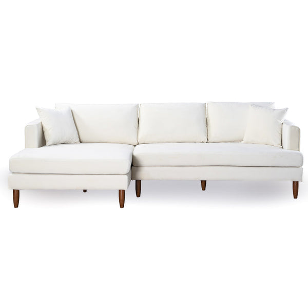 The Blake Velvet Upholstered L-Shape Chaise Sofa Sectional 107 by Ashcroft Furniture is a modern orange sofa with wooden legs, right-side chaise lounge, two matching square cushions, and a clean, minimalist design.