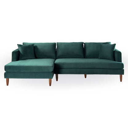 The Ashcroft Furniture Blake Velvet Upholstered L-Shape Chaise Sofa Sectional 107 features teal plush velvet, a left-facing chaise, four matching back cushions, two armrest cushions, and wooden legs, set against a white background.