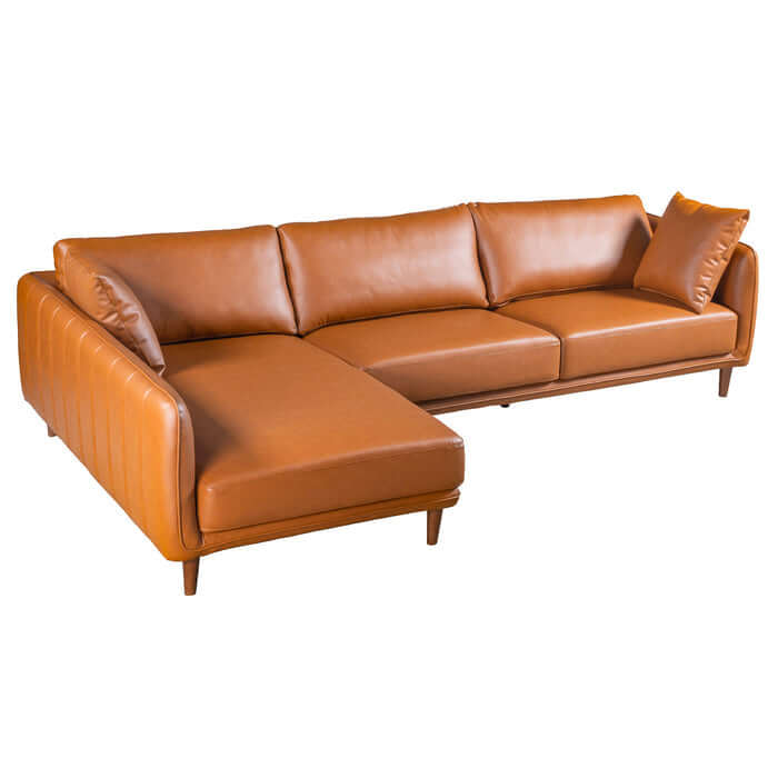 Cairo Cognac PU Leather Chaise Sofa Sectional 117", stylish and practical with spacious seating and vertical stitching.
