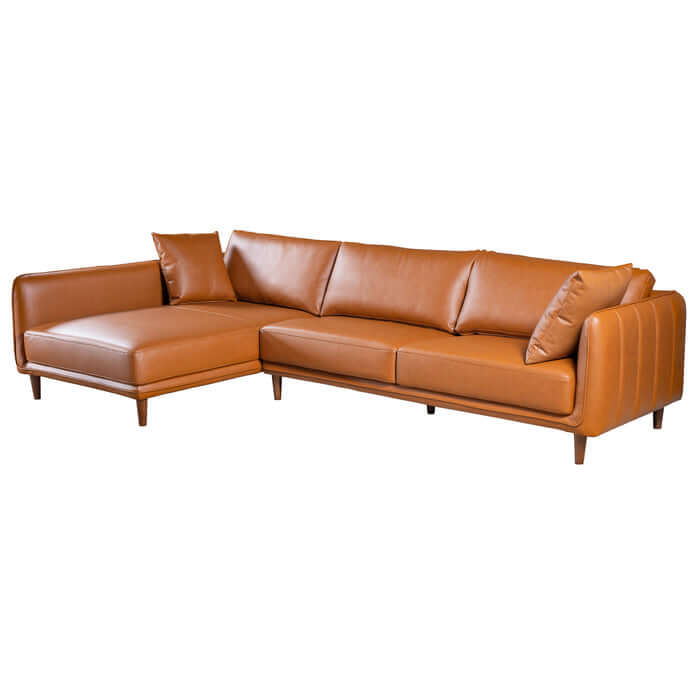 Cairo Cognac PU Leather Chaise Sofa Sectional 117" with vertical stitching, ergonomically designed for luxury and comfort.