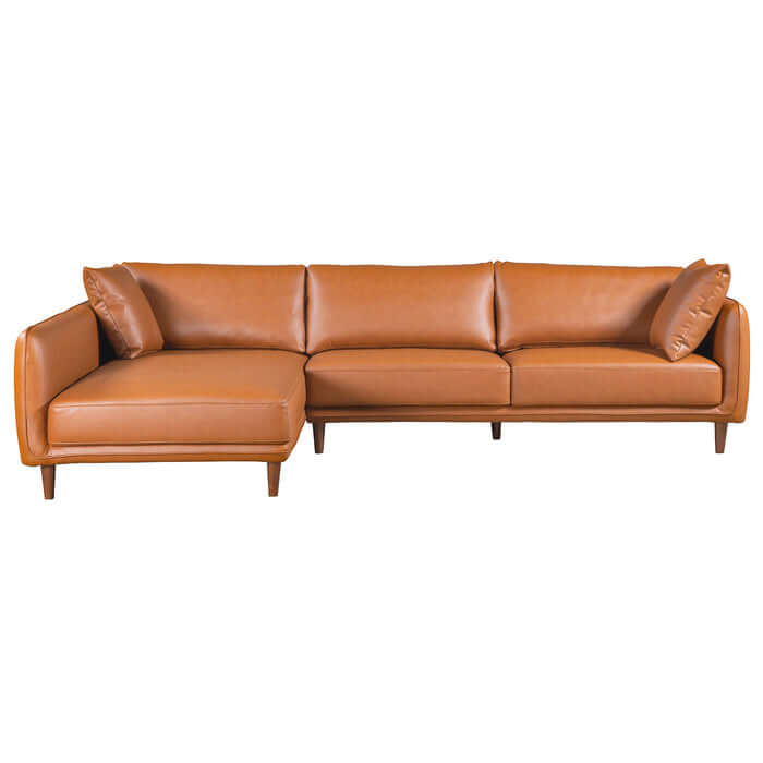 Cairo Cognac PU Leather Chaise Sofa Sectional 117" with plush cushions and sleek design, perfect for modern living spaces.