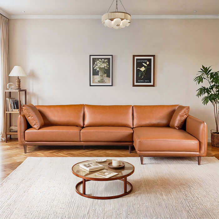 Cairo Cognac PU Leather Chaise Sofa Sectional 117" in a stylish living room setting.