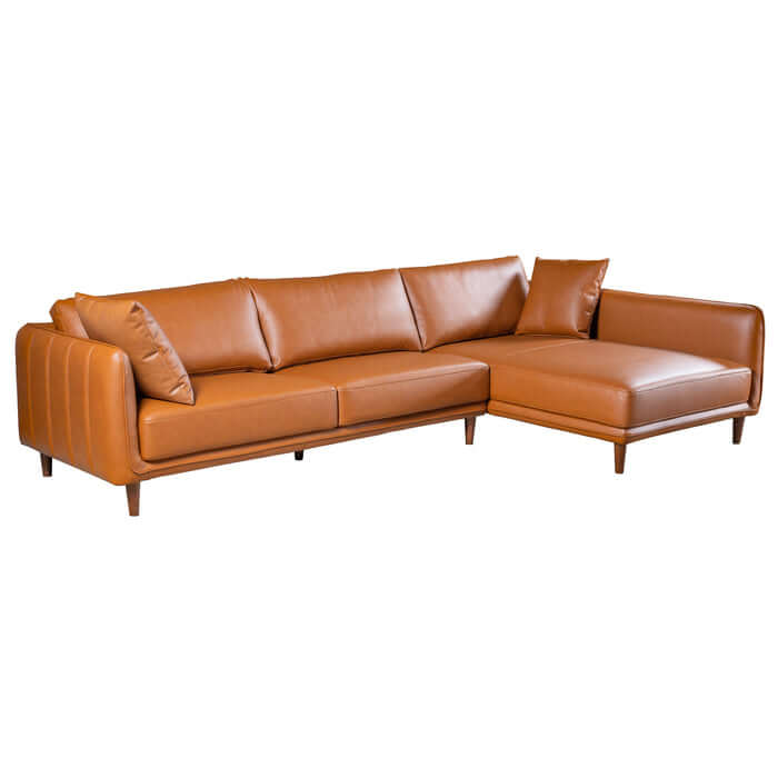 Cairo Cognac PU Leather Chaise Sofa Sectional 117" featuring elegant stitching and spacious seating for luxury comfort.