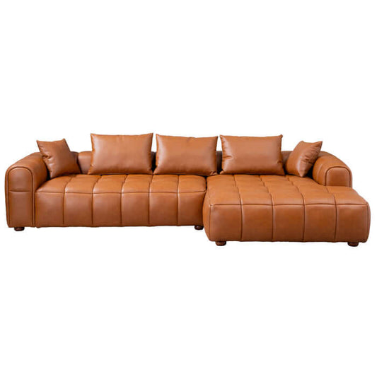 Clark Tufted PU Leather RF Chaise Sofa Sectional 120" in cognac color, offering modern style and comfort.