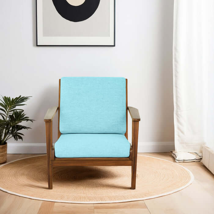 Connor Solid Wood Linen Armchair – Mid-Century Modern Lounge Chair (4 Colors) in light blue upholstery