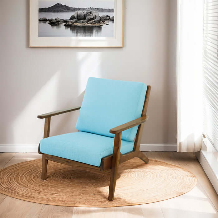 Connor Solid Wood Linen Armchair – Mid-Century Modern Lounge Chair (4 Colors) in blue upholstery.