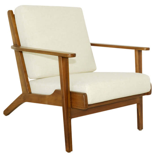 Connor Solid Wood Linen Armchair – Mid-Century Modern Lounge Chair (4 Colors) with soft linen upholstery and teak wood frame.