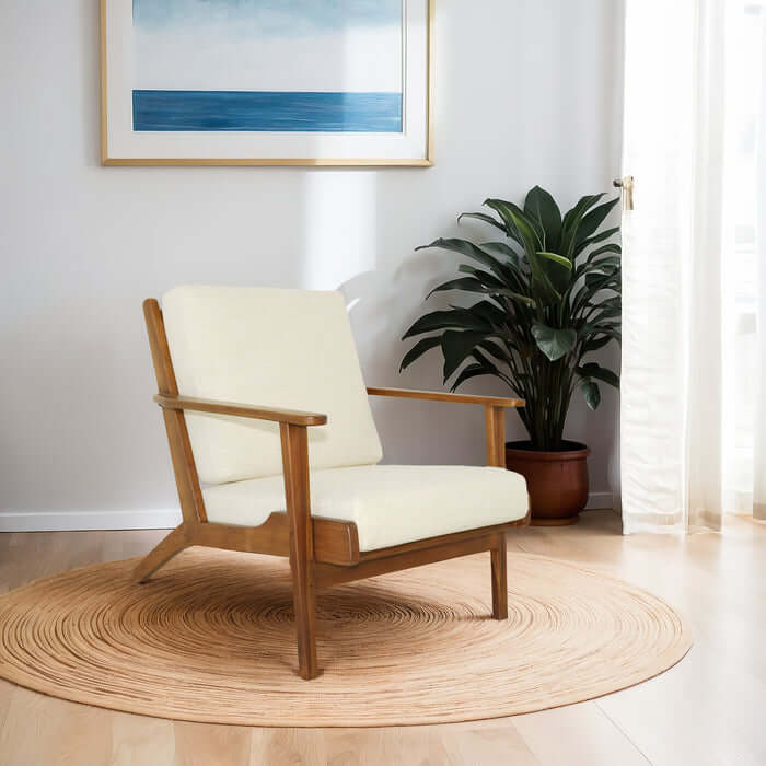 Connor Solid Wood Linen Armchair – Mid-Century Modern Lounge Chair (4 Colors) in a bright living space with plant.