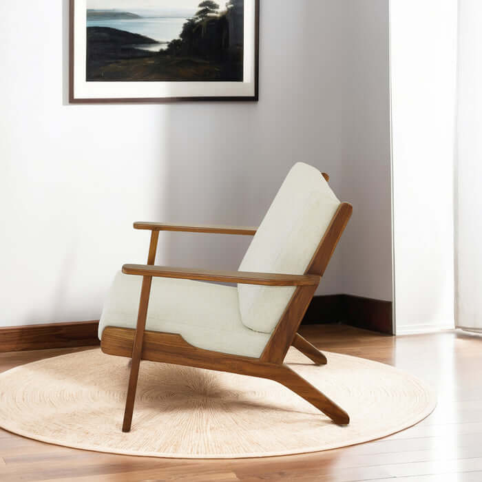 Connor Solid Wood Linen Armchair – Mid-Century Modern Lounge Chair (4 Colors) in a cozy living room setting.