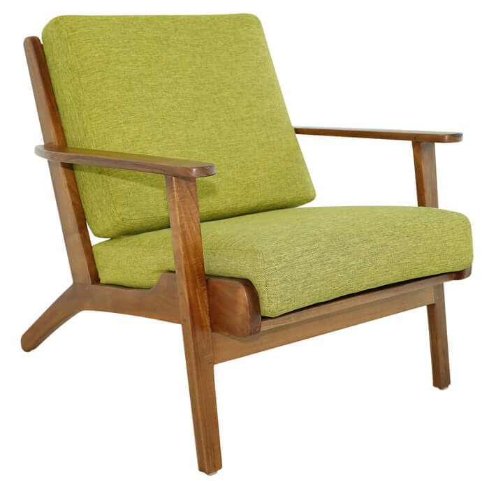 Connor Solid Wood Linen Armchair – Mid-Century Modern Lounge Chair (4 Colors) in green fabric and wood frame.