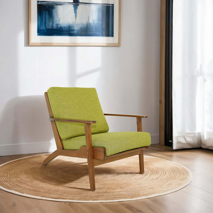 Connor Solid Wood Linen Armchair – Mid-Century Modern Lounge Chair (4 Colors) in vibrant green upholstery.