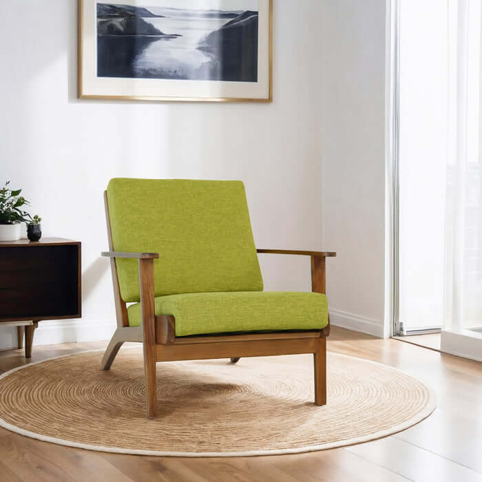 Connor Solid Wood Linen Armchair – Mid-Century Modern Lounge Chair (4 Colors) in green upholstery.