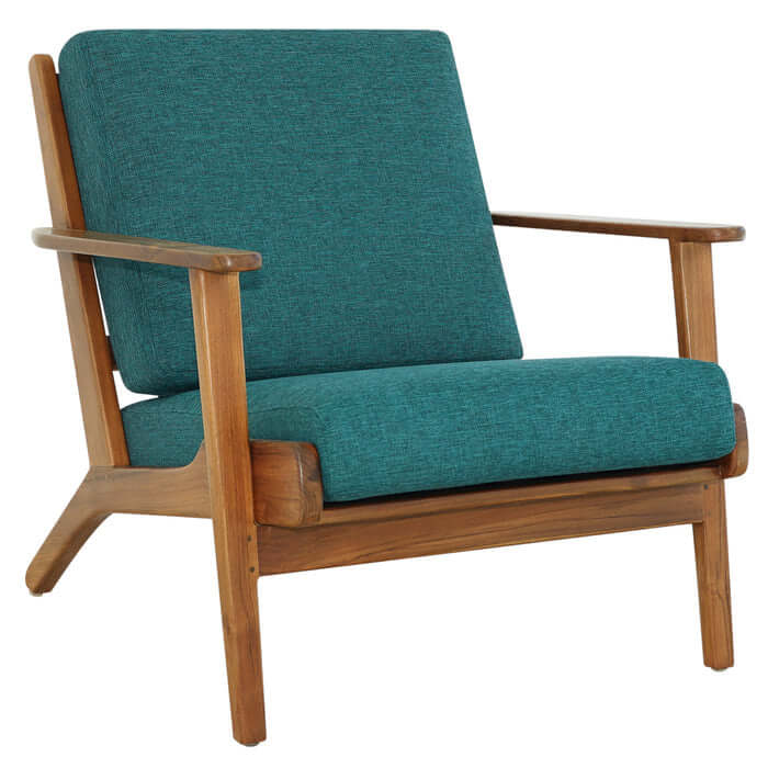 Connor Solid Wood Linen Armchair – Mid-Century Modern Lounge Chair (4 Colors) in teal upholstery with a wooden frame.