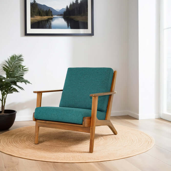 Connor Solid Wood Linen Armchair – Mid-Century Modern Lounge Chair (4 Colors) set in a bright, modern living room.