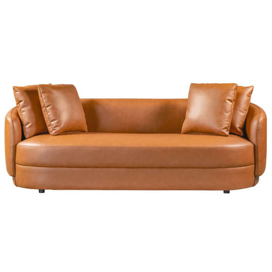 Dylan Modern Cognac Faux Leather Sofa 85” with elegant curves and warm upholstery, perfect for modern living rooms.