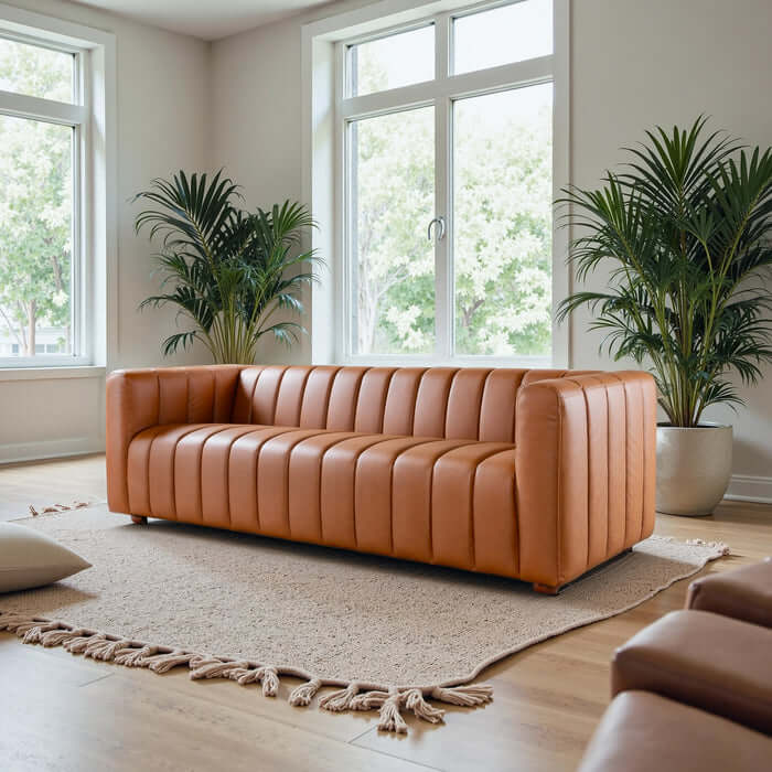 Elrosa Channel Tufted Cognac Faux Leather Sofa in a bright living room with large windows and indoor plants.