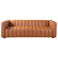 Elrosa Channel Tufted Cognac Faux Leather Sofa with sleek design and channel tufting, perfect for mid-century modern decor.
