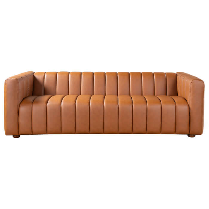 Elrosa Channel Tufted Cognac Faux Leather Sofa with sleek design and channel tufting, perfect for mid-century modern decor.