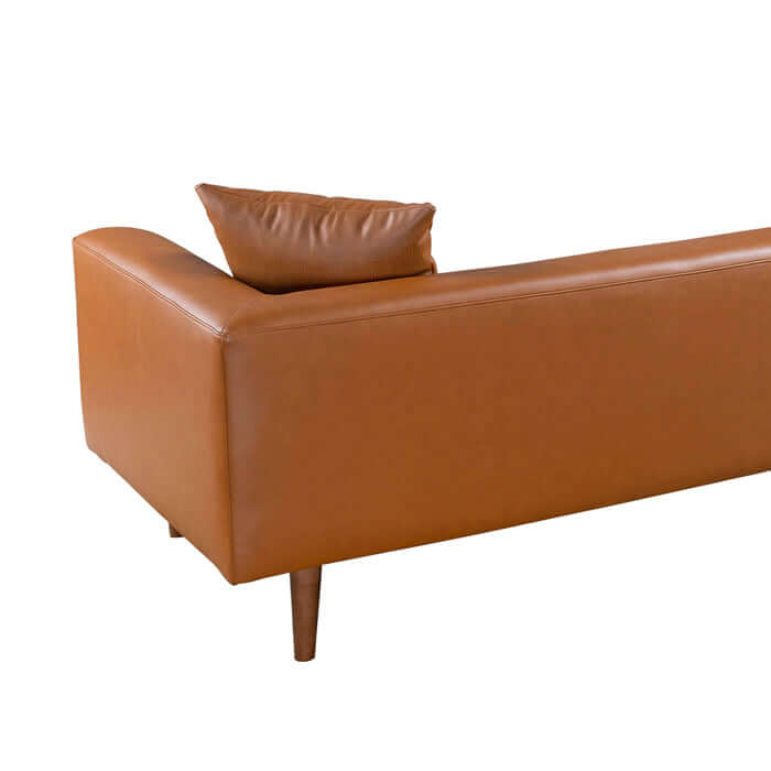 Elwood MCM Cognac Brown PU Leather Sofa side view showcasing sleek design and tapered legs.