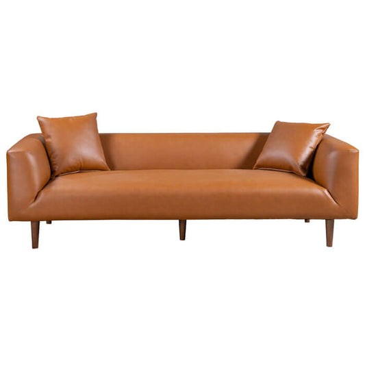 Elwood MCM Cognac Brown PU Leather Sofa 86" with two plush cushions and tapered legs, perfect for modern living spaces.