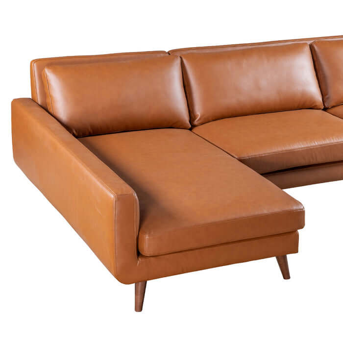 Garland MCM Faux Leather L Shaped Chaise Sofa Sectional with sleek design and warm tan upholstery.